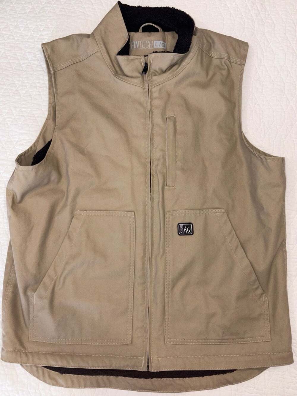 Fintech Men’s Large Tan Sherpa Lined Canvas Work Vest Full Zip Utility Pockets